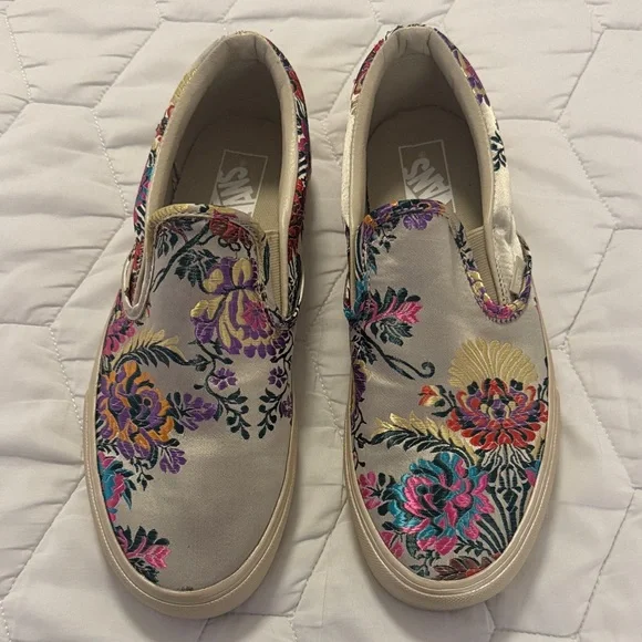 Vans Slip-On Floral Embroidered Sneakers - Cream with Pink, Purple, Teal, Gold - Picture 2 of 5